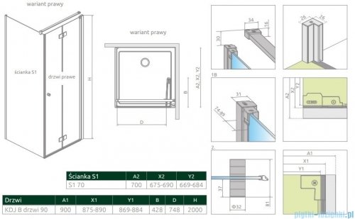 Radaway Nes 8 KDJ B kabina 90x70 prawa przejrzyste 10075090-01-01R/10089070-01-01