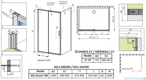 Radaway Premium Pro Black Kdj kabina 100x70cm lewa czarny mat/szkło przejrzyste 1015100-54-01L/1016070-54-01