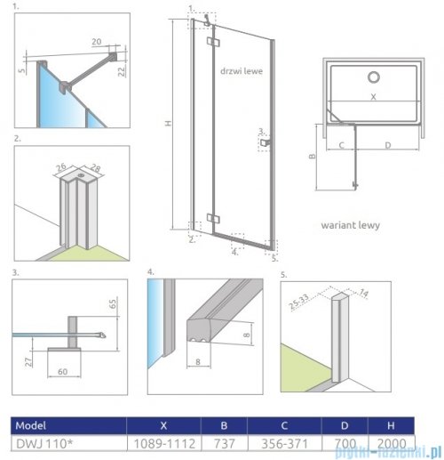 Radaway Essenza 8 Brushed Nickel Dwj drzwi wnękowe 110cm lewe szczotkowany nikiel/szkło przejrzyste 10480712-01-01L/10460337-91-01L
