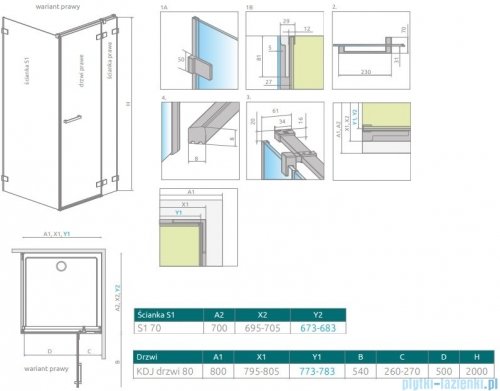 Radaway Euphoria KDJ Kabina 80x70 prawa szkło przejrzyste 383512-01R/383241-01R/383055-01