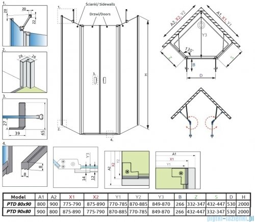 Radaway Nes Brushed Copper Ptd kabina pięciokątna 80x90cm miedź szczotkowana 10051000-93-01/10051200-93-01