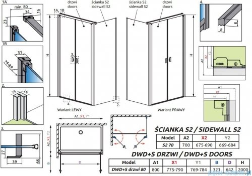 Radaway Nes 8 DWD+S kabina 80x70cm przejrzyste 10081180-01-01/10080070-01-01