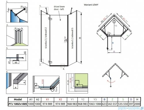 Radaway Essenza 8 Ptj kabina pięciokątna 100x100cm lewa szkło przejrzyste 10490000-01-01L/10490300-01-01