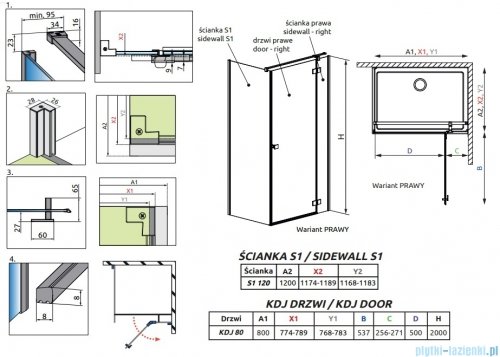 Radaway Essenza 8 Gold Kdj kabina 80x120cm prawa złoty połysk/szkło przejrzyste 10480512-01-01R/10470237-09-01R/10113120-01-01