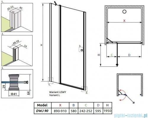 Radaway Eos II DWJ Drzwi prysznicowe 90x195 lewe szkło przejrzyste + brodzik Delos C + syfon 3799441-01L/SDC0909-01