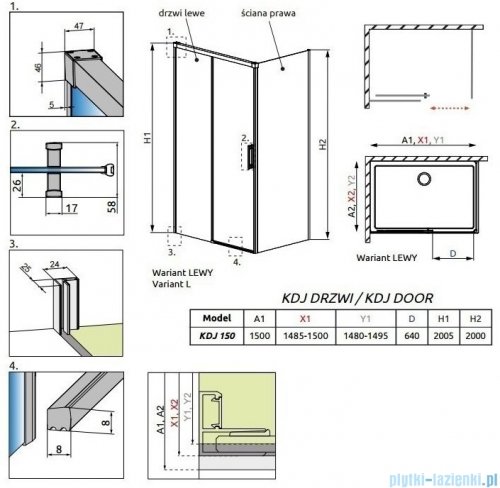 Radaway Idea Black Kdj drzwi 150cm lewe szkło przejrzyste 387045-54-01L