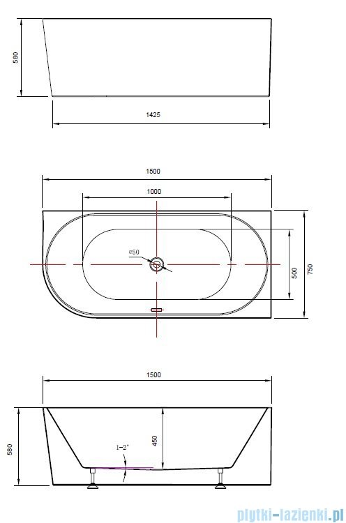 The North Bath Calia wanna wolnostojąca przyścienna prawa 150x75cm + syfon Klik-klak 6845-1501R