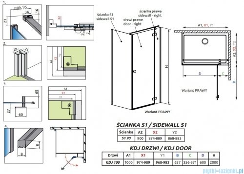 Radaway Essenza 8 Gold Kdj kabina 100x90cm prawa złoty połysk/szkło przejrzyste 10480612-01-01R/10470337-09-01R/10113090-01-01