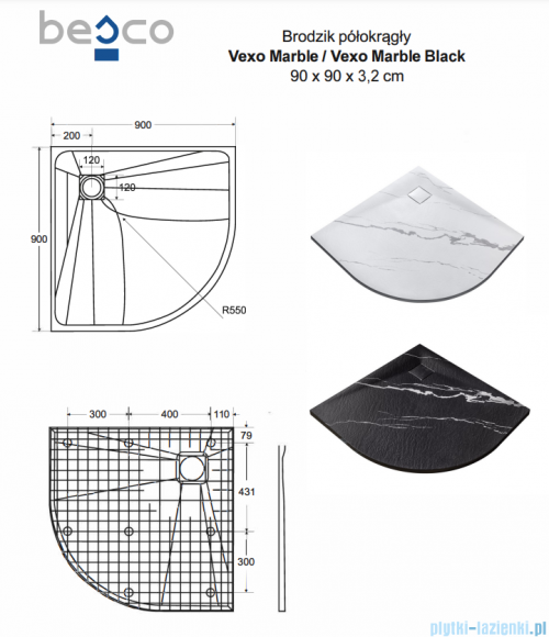 Besco Vexo Marble brodzik 90x90cm półokrągły VM-90-90-P
