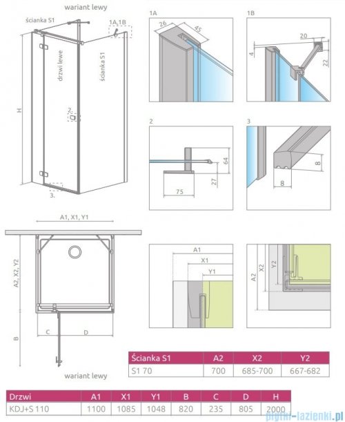Radaway Fuenta New Kdj+S kabina 70x110x70cm lewa szkło przejrzyste 384023-01-01L/384048-01-01/384048-01-01