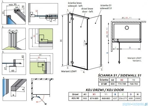 Radaway Essenza 8 Gold Kdj kabina 90x80cm lewa złoty połysk/szkło przejrzyste 10480612-01-01L/10470237-09-01L/10113080-01-01