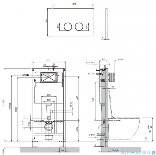 Omnires Eco Flush Set Strongframe stelaż podtynkowy do WC z eco spłukiwaniem + STEEL-R45 przycisk spłukujący czarny półmat  ze stali nierdzewnej STFWCECO1R45-RBL