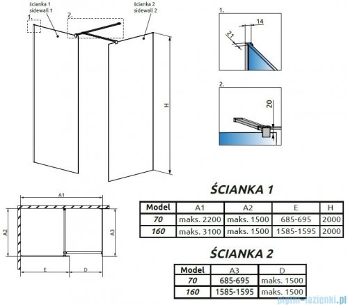 Radaway Modo New III kabina Walk-in 160x70x200 szkło przejrzyste 389164-01-01/389074-01-01/389000-01