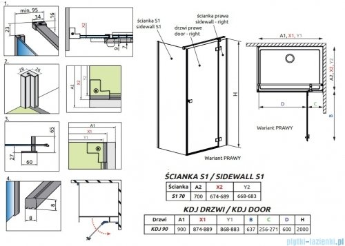 Radaway Essenza 8 Brushed GunMetal Kdj kabina 90x70cm prawa szczotkowany grafit 10480612-01-01R/10470237-92-01R/10113070-01-01