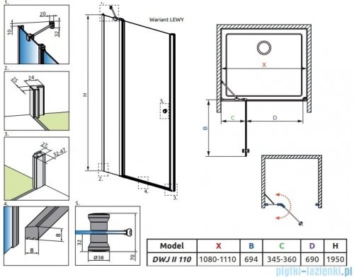 Radaway Eos DWJ II drzwi prysznicowe 110 lewe przejrzyste 13799443-01L
