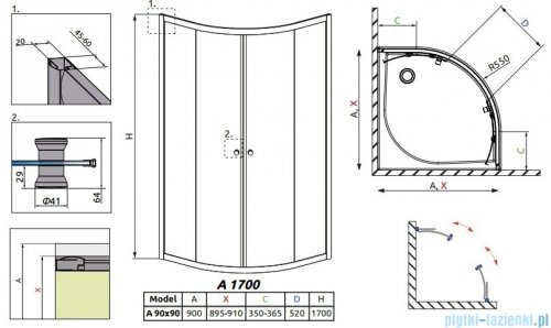 Radaway Classic A Kabina prysznicowa półokrągła z drzwiami przesuwnymi 90x90x170 szkło fabric 30001-01-06