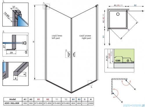 Radaway Nes Black KDD I kabina 90x90 przejrzyste rysunek techniczny