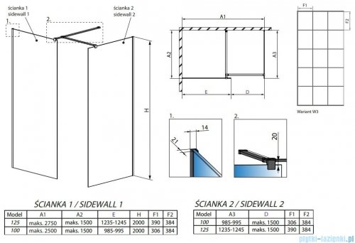 Radaway Modo New Black III kabina Walk-in 125x100x200 Factory rysunek techniczny