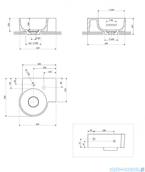 Omnires Ovo M+ umywalka nablatowa/wisząca prawa 33x34 cm biały mat OVO335UWPBM