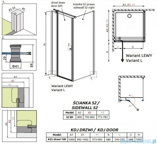 Radaway Eos II KDJ kabina prysznicowa 100x80 lewa szkło przejrzyste + brodzik Argos D + syfon 3799422-01L/3799430-01R/4AD810-01