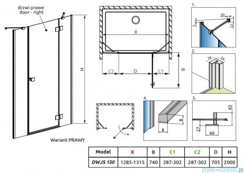  Radaway Essenza Dwjs drzwi wnękowe 130cm prawe szkło przejrzyste 1385032-01-01R/1384090-01-01