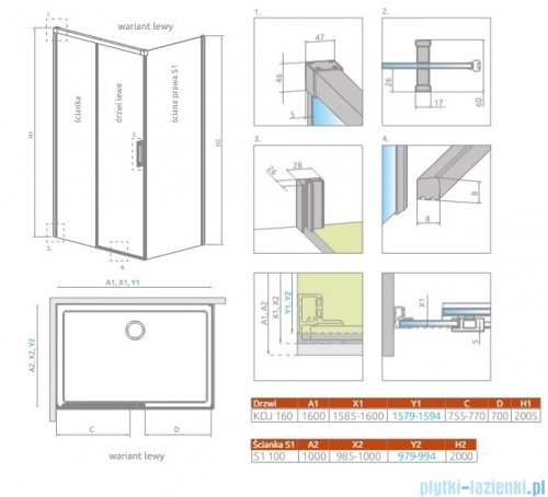 Radaway 8 Idea Kdj kabina 160x100cm lewa szkło przejrzyste 10340820-01-01L/10350753-01-01/10360100-01-01R