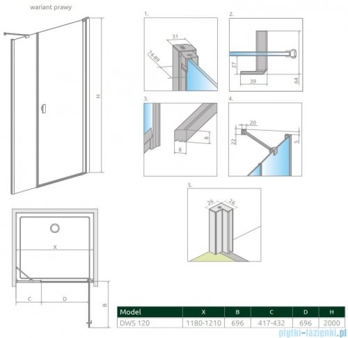 Radaway Nes Black Dws drzwi wnękowe 120cm prawe szkło przejrzyste 10028120-54-01R