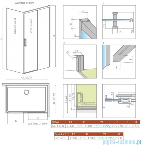 Radaway Idea Kdj Brushed Nickel kabina 160x120cm prawa szczotkowany nikiel 387046-91-01R/387054-91-01L