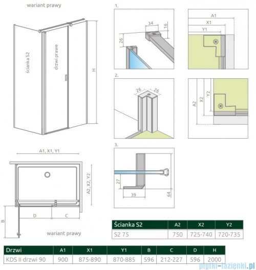 Radaway Nes Black Kds II kabina 90x75cm prawa czarny mat/szkło przejrzyste 10033090-54-01R/10040075-54-01