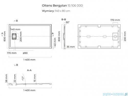 Oltens Bergytan brodzik prostokątny 140x80 cm RockSurface biały 15106000