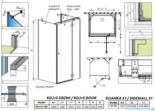 Radaway Torrenta KDJ+S kabina prysznicowa 70x100x70 prawa chrom połysk/przejrzyste 1330070-01-01/133310-01-01R/1330070-01-01