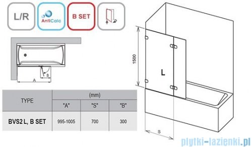 Ravak BVS2 parawan nawannowy 100x150cm lewy transparent 7ULA0A00Z1