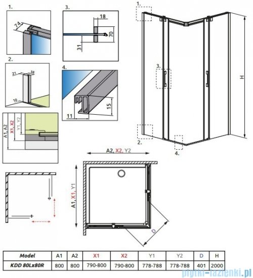 Radaway Espera KDD Kabina prysznicowa 80x80 szkło przejrzyste + brodzik Delos C + syfon 380150-01L/380150-01R/SDC0808-01