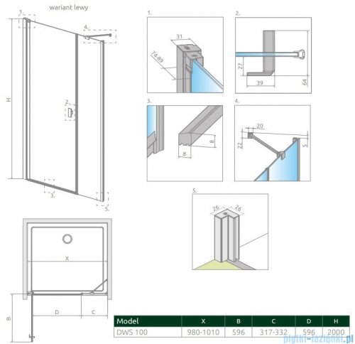 Radaway Nes Dws drzwi wnękowe 100cm lewe szkło przejrzyste rysunek techniczny