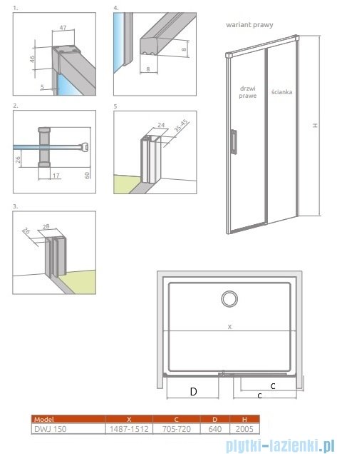 Radaway Idea 8 Dwj drzwi wnękowe 150cm prawe szkło przejrzyste 10330770-01-01R/10350703-01-01