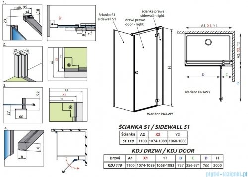 Radaway Essenza 8 Kdj kabina 110x110cm prawa szkło przejrzyste 10480712-01-01R/10470337-01-01R/10113110-01-01