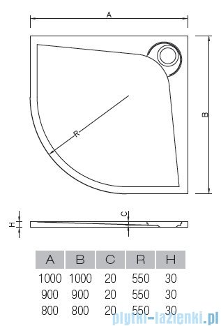 Vayer Bumerang 90x90cm Brodzik półokrągły z konglomeratu marmurowego rysunek techniczny