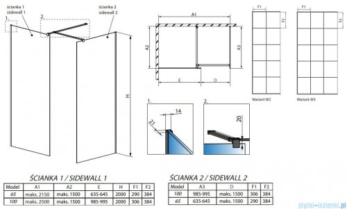Radaway Modo New Black III kabina Walk-in 65x100x200 Factory rysunek techniczny