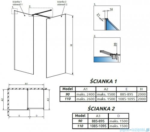 Radaway Modo New III kabina Walk-in 110x90x200 szkło przejrzyste 389114-01-01/389094-01-01/389000-01