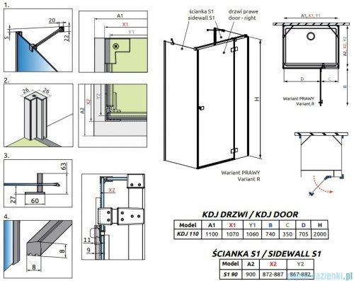 Radaway Essenza Brushed Copper Kdj+S kabina 90x110x90cm prawa szczotkowana miedź 1384050-01-01/1385023-93-01R/1384050-01-01