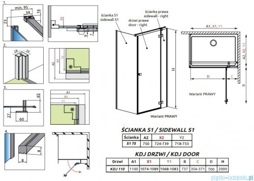 Radaway Essenza 8 Gold Kdj kabina 110x75cm prawa złoty połysk/szkło przejrzyste 10480712-01-01R/10470337-09-01R/10113075-01-01