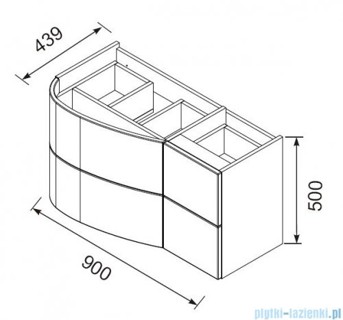 rysunek techniczny Oristo Opal szafka z umywalką prawa 90x50x44cm biały połysk OR30-SD4S-90-1-P/UME-OP-90-92-P