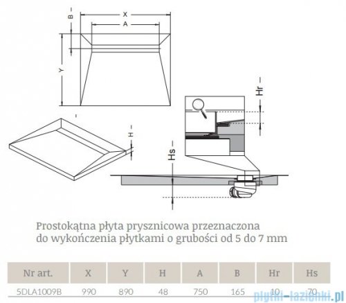 Radaway prostokątny brodzik podpłytkowy z odpływem liniowym na dłuższym boku Quadro 99x89cm 5DLA1009B,5R075Q,5SL1