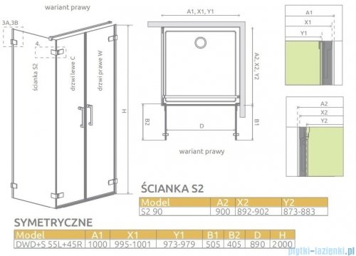 Radaway Arta Dwd+s kabina 100 (55L+45R) x90cm prawa szkło przejrzyste 386181-03-01R/386058-03-01L/386111-03-01 