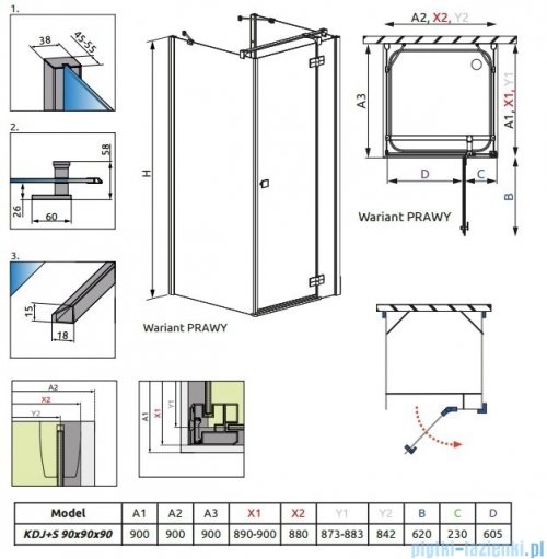 Radaway Kabina prysznicowa Almatea KDJ+S 90x90x90 prawa szkło przejrzyste + Brodzik Delos C + syfon 31522-01-01R1/31522-01-01R2