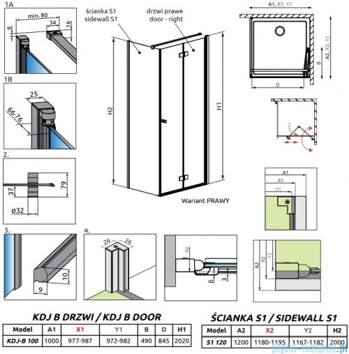 Radaway Fuenta Kdj B kabina 100x120cm prawa chrom połysk szkło przejrzyste 1384083-01-01R/1384054-01-01