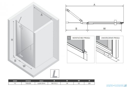 New Trendy Nesta Black 100x200 cm drzwi wnękowe lewe wspornik skośny szkło przejrzyste D-0860A