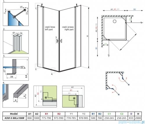 Radaway Nes 6 Kdd II Brushed Light Gold kabina 80x100cm szczotkowane jasne złoto 10031080-98-01L/10031100-98-01R