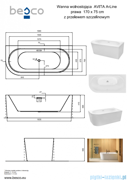 Besco Avita A-line 170x75cm wanna wolnostojąca przyścienna prawa akrylowa + syfon klik-klak czarny matt z przelewem slim #WAA-170APCS