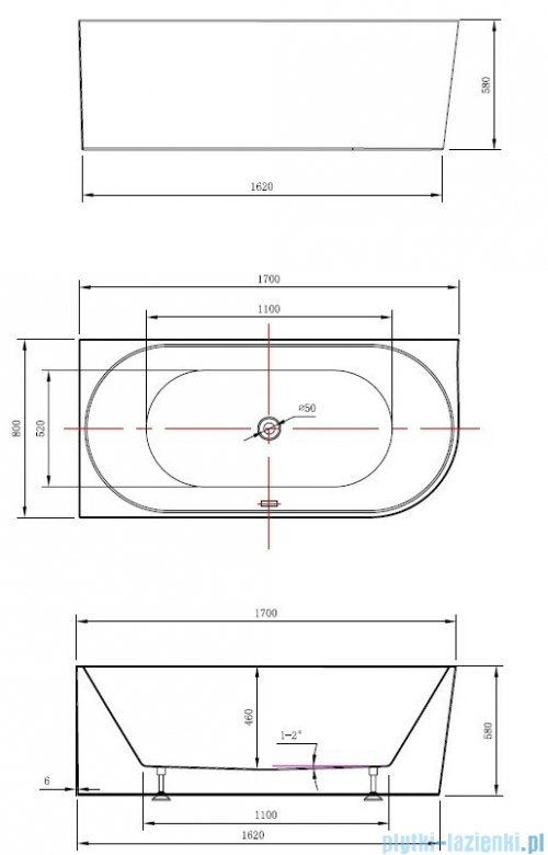 The North Bath Calia wanna wolnostojąca przyścienna lewa 170x80cm z przelewem i korkiem CZARNYM 6845-1701LOEMBL